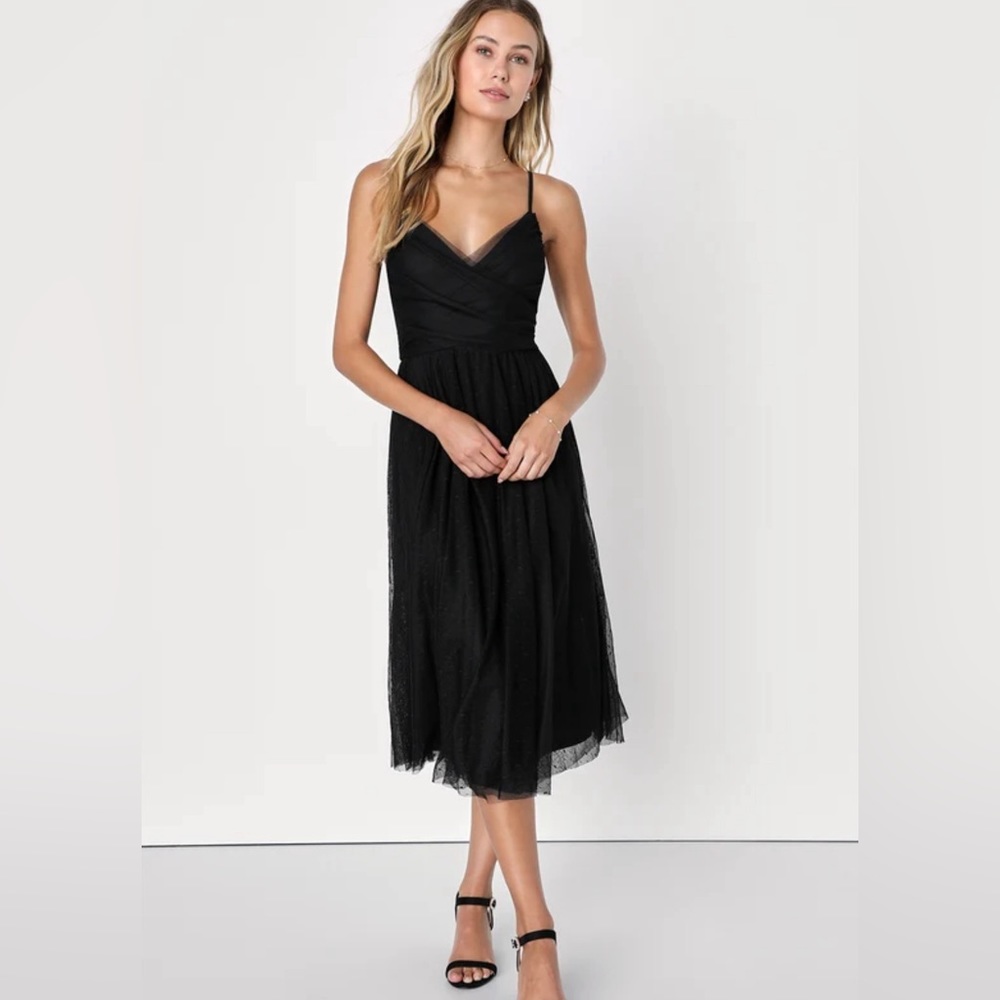 Lulu’s Sweet Serenade Black Tulle Swiss Dot Surplice Midi Dress, size Medium